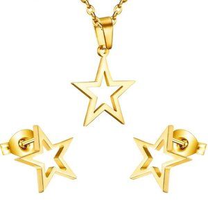 18k Gold Plated Hollow Out Star Earrings Pendant Necklace Set